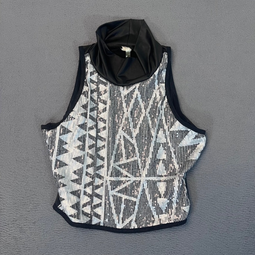 KTOO Women Silver Sequin Geometric Mock Neck Sleeveless Crop Top Black Large